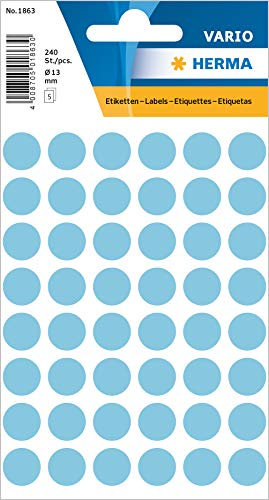 HERMA 1863 Punktaufkleber Klebepunkte hellblau, 240 Stück, Ø 13 mm, 48 pro Bogen, selbstklebend, Markierungspunkte für Kalender Planer Basteln, matt, blanko Papier Farbpunkte Etiketten Aufkleber