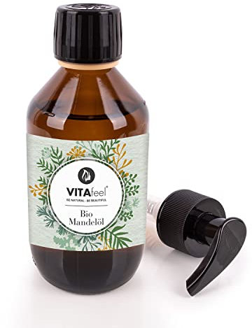 VitaFeel Bio Mandelöl 250ml inkl. Pumpspender | 100% rein & kaltgepresst | süß, vegan & gentechnikfrei | vielseitig einsetzbar für Massage, Aromatherapie & Naturkosmetik