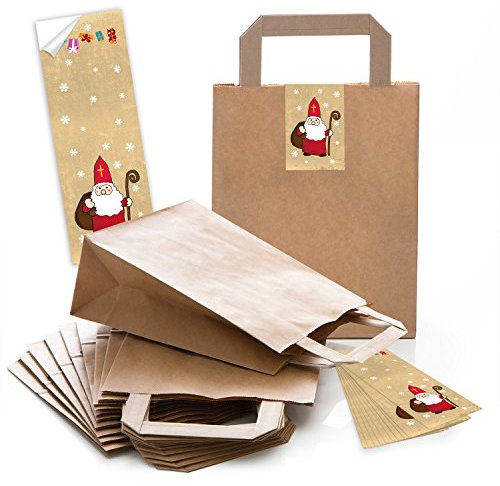 Logbuch-Verlag 25 Nikolaussäckchen braun mit Aufkleber Heiliger Nikolaus rot gold Nikolausgeschenk Verpackung Nikolaussackerl zum Befüllen 18 x 8 x 22 cm