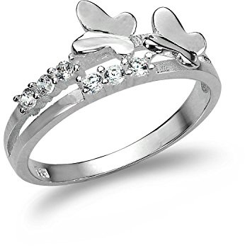 Sterling Silber Ring mit zwei Reihen. Mit CZ Kristallen & Schmetterlingen | Ringgrößen: 49-63 (Durchmesser: 15,6mm - 20,1mm)