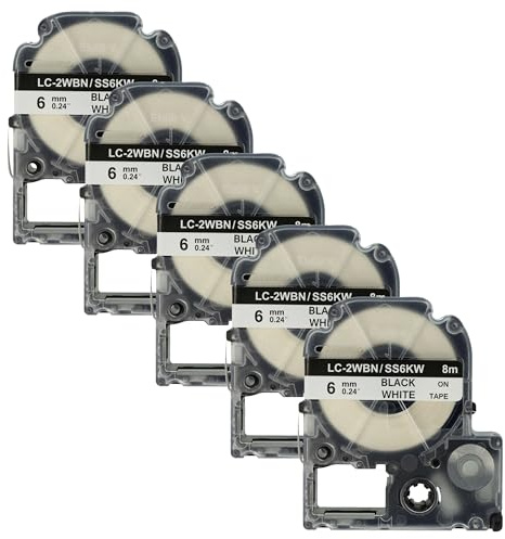 vhbw 5x Schriftband-Kassette kompatibel mit Epson LabelWorks LW-1000P, LW-600P, LW-500, LW-400, LW-300 Etiketten-Drucker 8m x 6mm Schwarz auf Weiß