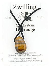 Edelstein Sternzeichenkette, Gebohrter Edelsteinanhänger, Glücksstein für die verschiedenen Sternzeichen (Zwilling - Tigerauge)
