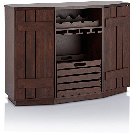 HOMES: Inside + Out Lopez Farmhouse 2 Side Cabinets, 3 Shelves 48 in. Buffet with Removable Crate and Four Bottles Wine Rack, Sideboard for Kitchen, Dining Room, Vintage Walnut Brown