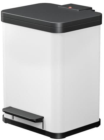 Hailo Öko duo Plus M Tret-Mülltrenner - freistehender 2 x 9 Liter Doppelmülleimer aus Stahlblech - Mülltrennsystem mit soft close Deckel - 2-fach Abfalltrenner für die Küche - Weiß