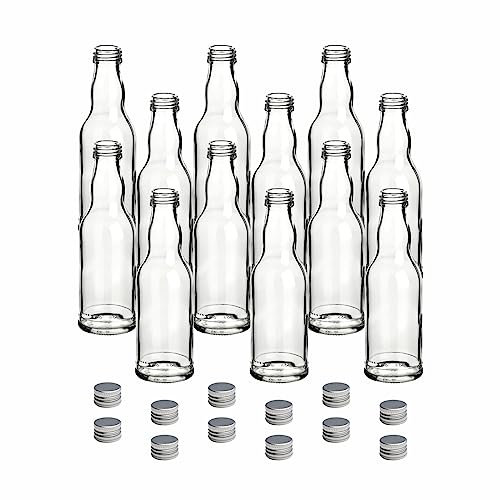 gouveo Set de 12 bouteilles en verre 200 ml rondes avec bouchon à vis argent - petites bouteilles pour liqueur, jus, vinaigre et huile - set de bouteilles (FKT200S)