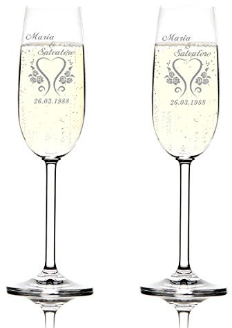 polar-effekt Set de 2 Coupes à Champagne Montana Cadeau de Mariage - Personnalisé avec Gravure - Date de Naissance - Idée Cadeau pour Motif de Mariage - Vrille Fleur en Forme de Coeur