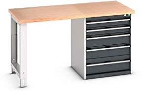 cubio Werkbank mit Schubladenschrank, 5 Schubladen, Fuß, Rotbuche-Platte