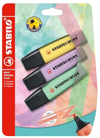 STABILO - Textmarker - BOSS ORIGINAL Pastel - 3er Pack - pudriges Gelb, Schimmer von Lila, Hauch von Minzgrün