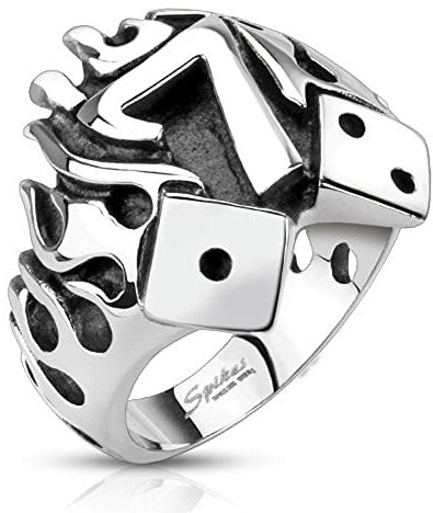 BlackAmazement Unisex Edelstahl Ring Silber Flamme Lucky 7 Würfel Poker Zocker Karten Silver Flame Seven (68 (21.6))