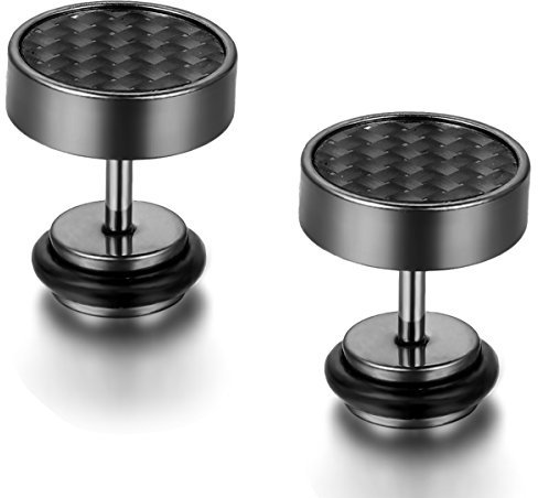 Flong Männer Ohrstecker Damen Ohrringe, 10mm Edelstahl Gestüt Stecker Kohlenstoff Carbon Fiber Kohlefaser Ohrringe Ohrstecker Ohrhänger Schwarz Fake Plug Tunnel Herren