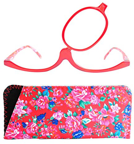 Make-Up Schminkbrille mit klappbaren Brillenglas, Modische Schminkhilfe mit Gratis Etui +3.0 Dioptrien (Rot)