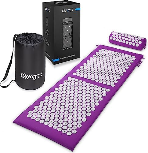 Gymtek Akupressurmatte mit Kissen, Massagematte, Akupunktur Matte 118x46,5x2 cm mit Akupressur Kissen 37x13x9,5cm, Akupressurkissen und Akkupressmatte, Massage Matte zur Muskelentspannung, Violett