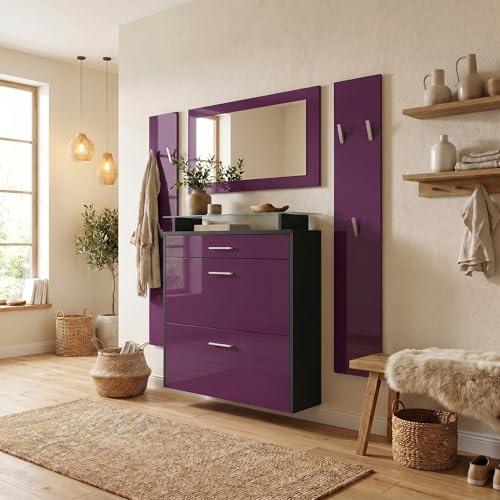 Vladon Garderobe Malea, Garderobenset bestehend aus 1 Hängeschuhschrank, 1 Wandspiegel und 2 Garderobenpaneele, Schwarz matt/Brombeer Hochglanz