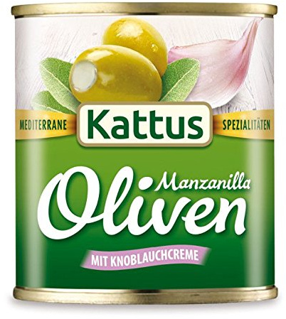 Kattus - Grüne Manzanilla Oliven mit Knoblauchcreme gefüllt | 85 g Dose | Entsteinte Oliven, in Lake
