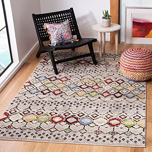 SAFAVIEH Boho Teppich für Wohnzimmer, Esszimmer, Schlafzimmer - Amsterdam Collection, Kurzer Flor, Hellgrau und Multi, 122 X 183 cm