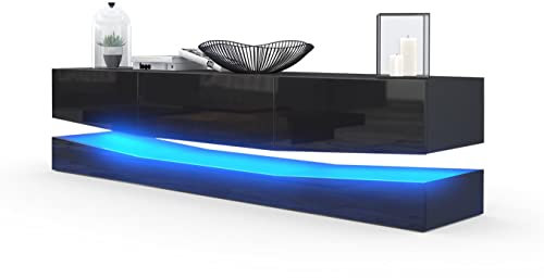 Vladon Lowboard City, Made in Germany, TV-Kommode mit Sockelelement, 1 offenem Fach und 3 Schubkästen, Schwarz matt/Schwarz Hochglanz, inkl. LED-Beleuchtung (178 x variabel x 39 cm)