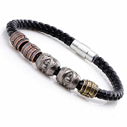 Gemini Armband (schwarz), 5x Element Gold/Kupfer/Edelstahl Metall, hochwertiges Leder, Schnallenverschluss polierter Edelstahl, Altdeutsches Design für Herren, Damen