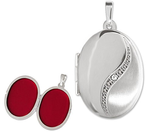 CLEVER SCHMUCK Silberner Anhänger Medaillon oval 21 x 16 mm seidenmatt und glänzend, geschwungener Bogen mit Zirkonia STERLING SILBER 925 für 2 Bilder im Etui weiß