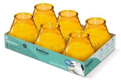Bolsius – Outdoorkerzen - 6 Stück - Im Glass - Bernstein - Brenndauer 70 Stunden - Ohne Palmöl - sauberes Abbrennen - Baumwolldocht