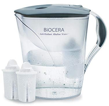 Biocera Alkaline Water Filter Jug With 2 Filter Cartridges - Produces Alkaline, Antioxidant, Hydrogen Rich Water - BPA-Free - NSF Certified - Cost Effective - Simple To Use - Grey Lid and Handle
