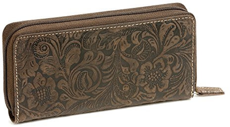 LEAS Portefeuille pour femme avec zip ''motif de lys/fleurs, cuir véritable, marron Vintage-Collection''