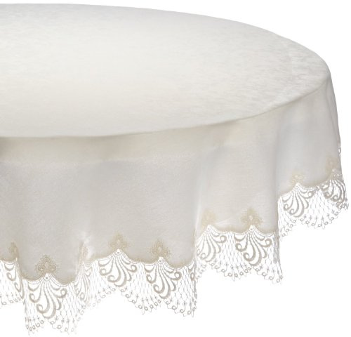 Plauener Spitze 3086M02_14_140 Tischdecke Nizza, Größe 140 cm, rund | Tafeltuch mit hochwertiger Spitzenborte, robust, langlebig und pflegeleicht, Made in Germany, No. 3086M02_14_140
