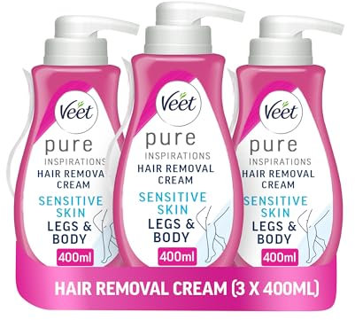 Veet Pure Hair Removal Cream 400ml (3 Pack) For Legs And Body, Sensitive Skin, Includes Spatula, Long-Lasting Smoothness, Hydrates, Exfoliates, Minimal Ingredients, Packaging Varies