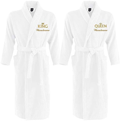 Nashville print factory Sol´s Bademantel Palace Morgenmantel bestickt mit Wunschname und Motiv/KING/QUEEN/Krone Gold Partner-Look Sauna Bad Name (L/XL, KING & QUEEN + Namen)