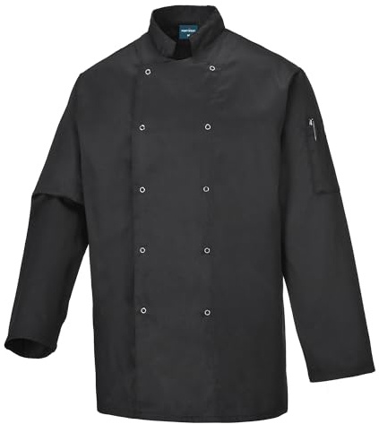 Portwest Suffolk Kochjacke, Größe: XL, Farbe: Schwarz, C833BKRXL | Schwarz, XL, Unisex, 35% Baumwolle, Koreanischer Kragen, Frontring, Polyester Druckknöpfe, maschinenwaschbar