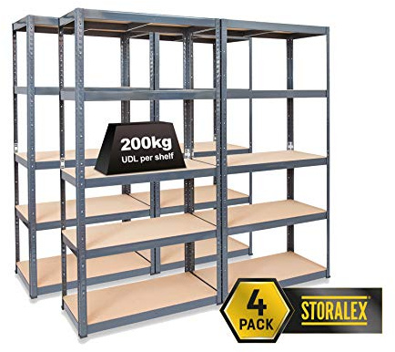 Storalex Pack of 4 Garage Racking Shelving Units – 1800mm x 900mm x 600mm - 200kg Per Shelf (Evenly Distributed) - Large 5 Tier Unit - Metal & MDF Boltless Assembly System