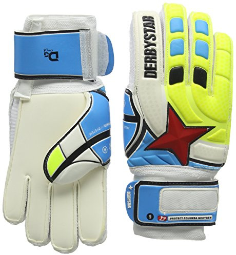 Derbystar Unisex Adult Protect Columba Next Gen Goalkeeper Gloves - white/blue/yellow/red, 11