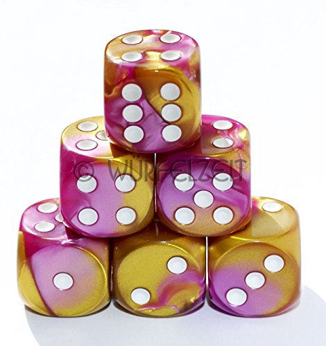 Würfelzeit 7255 - Würfel w6 16 mm, Alyen Gold-rosé m/Weiss (6er Set im Polybeutel)