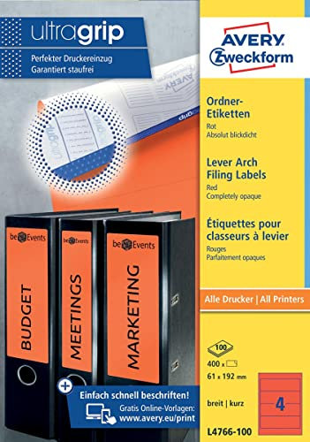 AVERY Zweckform L4766-100 Ordnerrücken Etiketten (400 Rückenschilder mit ultragrip, 61x192mm auf A4, breit/kurz, selbstklebend, absolut blickdicht, bedruckbare Ordneretiketten) 100 Blatt, rot