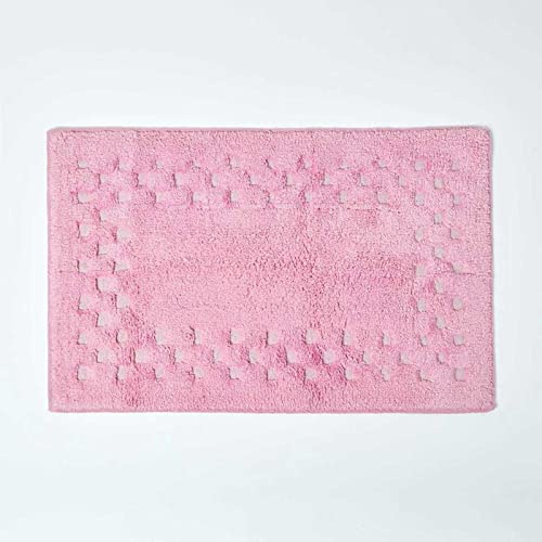 HOMESCAPES Check Border Bathmat Rug, Soft Pink, Soft 100% Cotton 1200 GSM, Washable At Home, Non Slip Spray Backing.