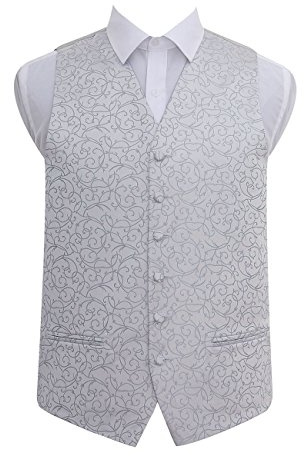 DQT Swirl Patterned Men's Formal Wedding Tuxedo Waistcoat Silver 44