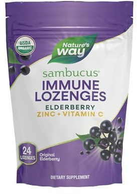 Nature's Way Sambucus Organic Zinc Lozenges, Elderberry and Zinc Lozenges with Vitamin C, Certified Organic, Berry Flavored, 24 Lozenges