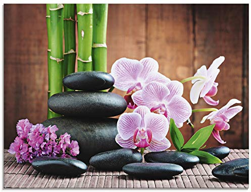 ARTland Wanddeko Glasbilder Wandbild Glas Bild einteilig 80x60 cm Querformat Natur Asien Wellness Zen Steine Blumen Blüten Orchideen Bambus Pink T5OO