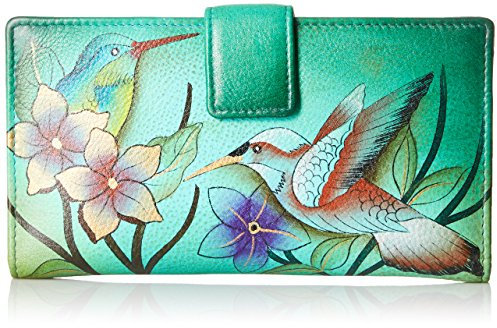 Anna by Anuschka Portefeuille à Deux Volets en Cuir véritable Peint à la Main pour Femme, Oiseaux au Paradis Vert, One Size, Portefeuille à Deux Volets en Cuir véritable Peint à la Main