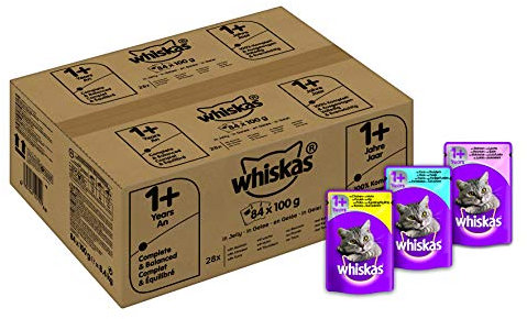 Whiskas 1 + Katzenfutter, Hochwertiges Nassfutter für gesundes Fell, Ausgewogenes Feuchtfutter in verschiedenen Geschmacksrichtungen