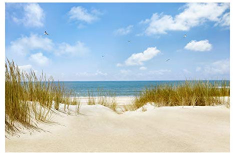 Bilderwelten Strand Fototapete 3D inkl. Kleister 384x255cm - Vliestapete Made in Germany - Fototapete Meer Schlafzimmer - Nordsee Strand Tapete maritim - Tapete Meerblick Wohnzimmer Bad T_2402