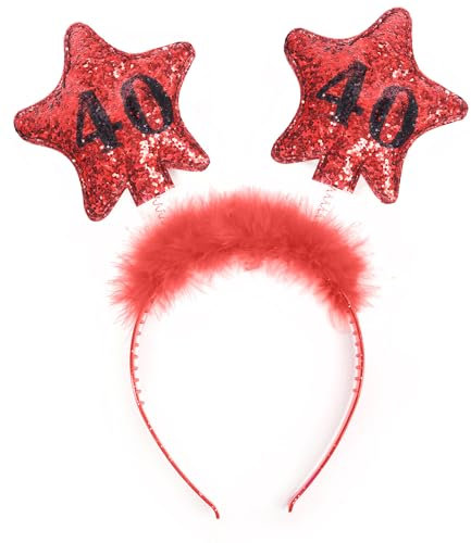 PartyDeco Stirnband mit Sternen und gedruckten Zahlen 40 Rot mit Fell Haarband für 40. Geburtstag Runde Geburtstag Gadgets Geburtstagsgeschenk Haarschmuck - Rot