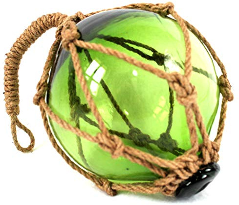 maritime Dekoration Fischerkugel aus Glas 13cm Ø im Netz aus Hanfkordel (Hanftampen) Grün