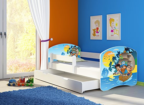 CLAMARO 'Fantasia Weiß' 160 x 80 Kinderbett Set inkl. Matratze, Lattenrost und mit Bettkasten Schublade, mit verstellbarem Rausfallschutz und Kantenschutzleisten, Design: 21 Piraten