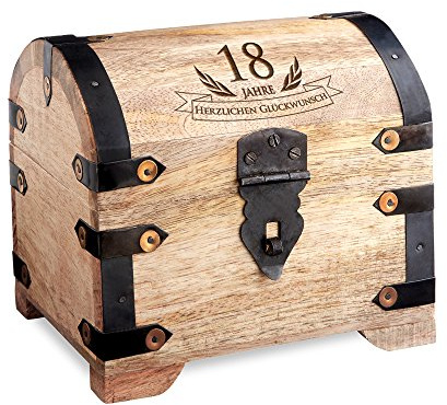 Casa Vivente Schatztruhe zum 18. Geburtstag, Schmuckkästchen mit Gravur, Aufbewahrungsbox aus hellem Holz, Verpackung für Geldgeschenke