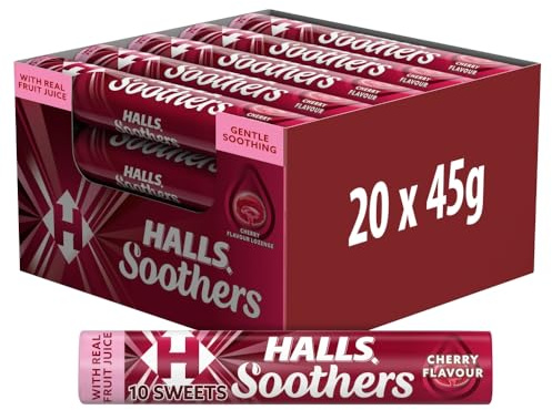 HALLS Cherry Flavour Soothers Lozenges, 45 g (Pack of 20) | Vegetarian-Friendly, Refreshing Liquid Centres, For On-The-Go Relief