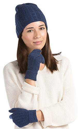 Fishers Finery Damen-Set aus 100 % reinem Kaschmir mit Mütze und Handschuhen, in exquisiter Box, Marineblau (Heather Navy), Eine Größe passt meistens