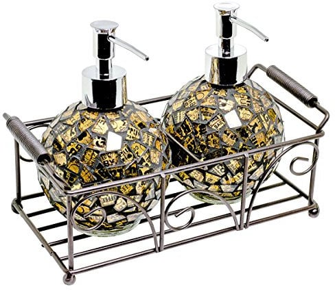 Febland Gold Glass Mosaic Soap Dispenser Set, 25 x 25 x 10 cm
