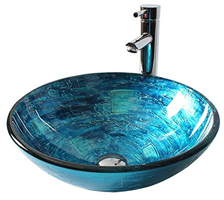 HomeLava Modern Design Gehärtetes Glas Waschbecken Rund Blau mit Ablaufgarnitur, Montagering (ohne Wasserhahn)