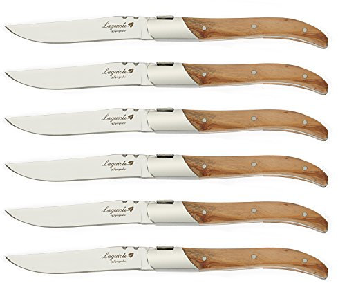 FlyingColors Laguiole by Ensemble de Couteau à Steak. Acier Inoxydable, Manche en Bois d'olivier, Boîte-Cadeau, 6 Pièces