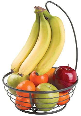 mDesign Obstkorb mit Bananenhaken aus Metall - moderner Obstkorb für die Arbeitsplatte - Praktischer Aufbewahrungskorb für Obst und Gemüse - Matt Schwarz